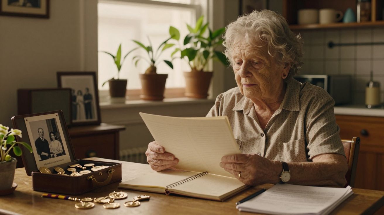Idosa lendo carta numa cozinha, com fotografias antigas e medalhas sobre a mesa ao lado de plantas em vasos.