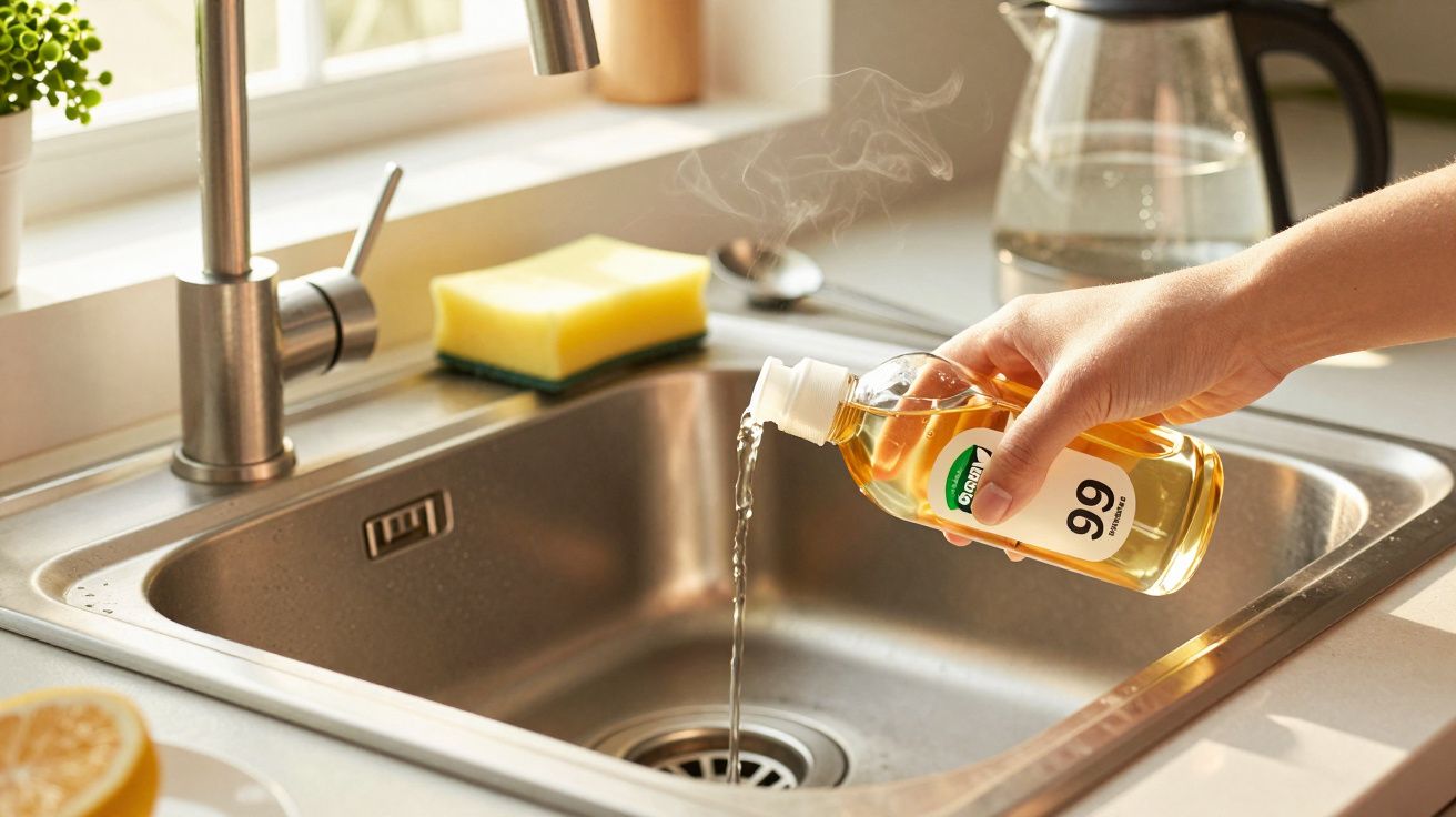 Mão vertendo produto líquido num lava-loiça de aço inoxidável, com esponja e jarro ao fundo.