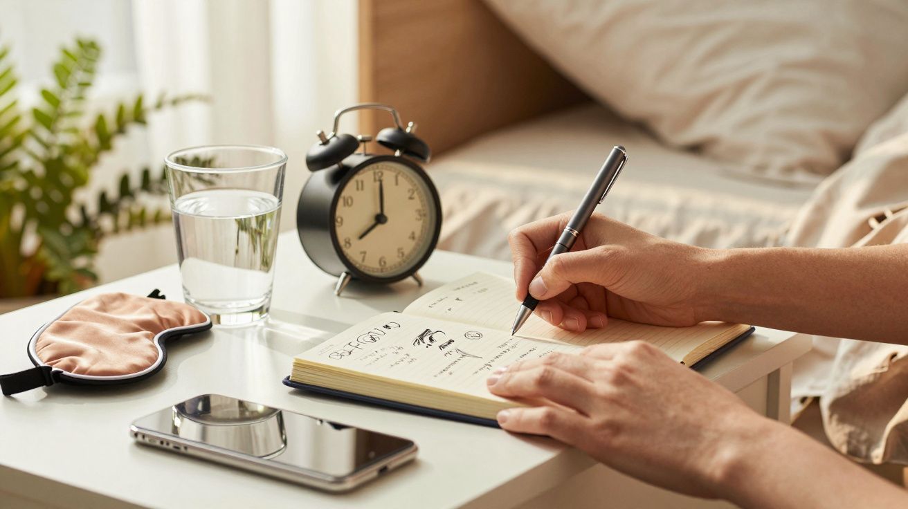 Pessoa escreve em caderno numa mesa de cabeceira com despertador, copo de água, telemóvel e máscara de dormir.