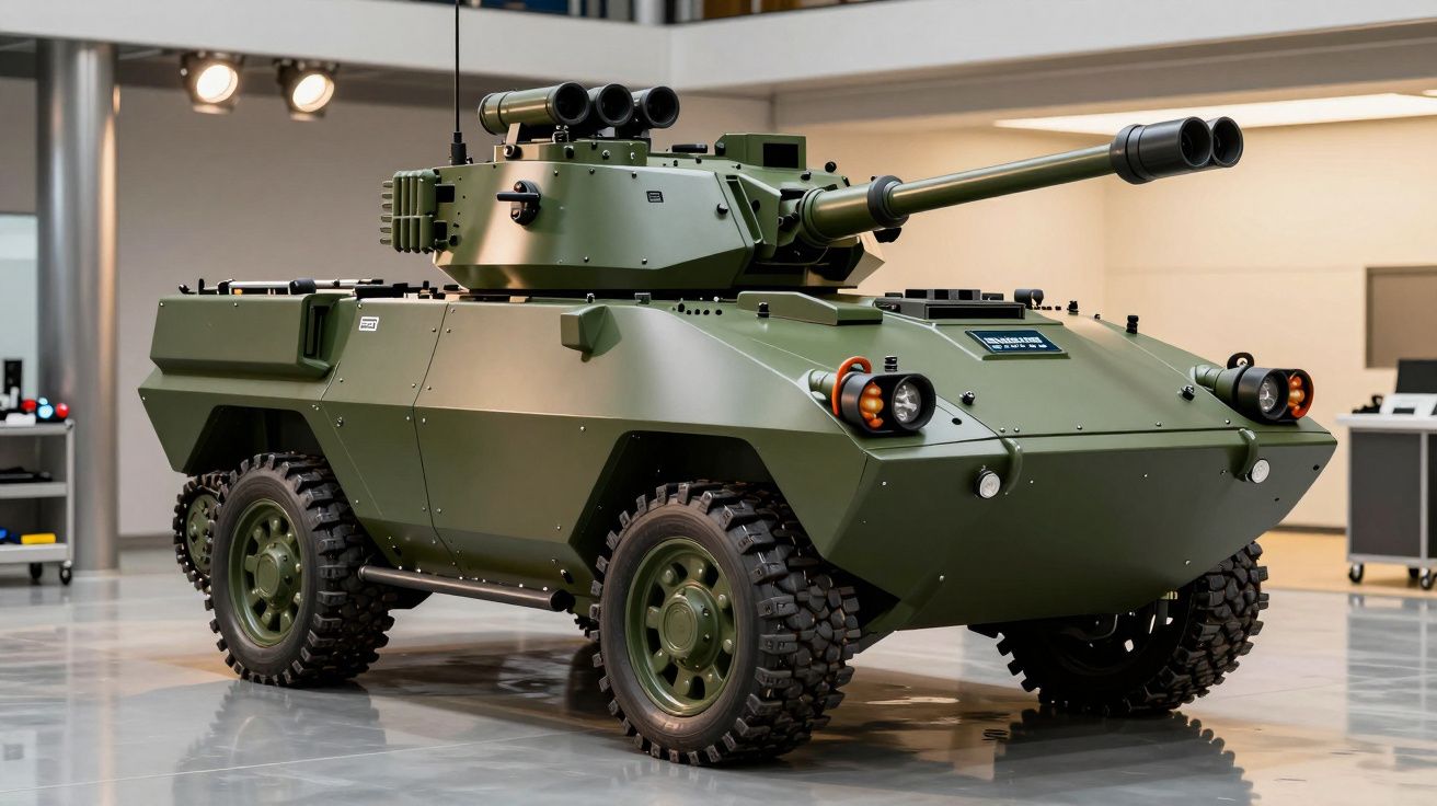 Veículo militar blindado verde com rodas grandes, equipado com um canhão na parte superior, em ambiente fechado.