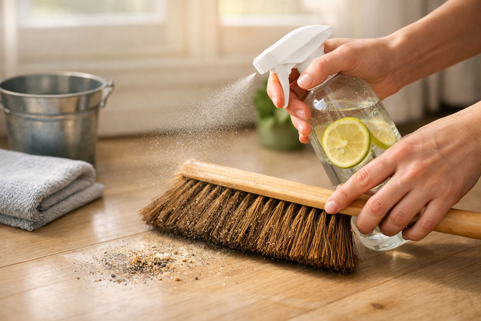 Mão pulverizando solução de limpeza com limão sobre chão sujo, ao lado de vassoura. Toalha e balde ao fundo.