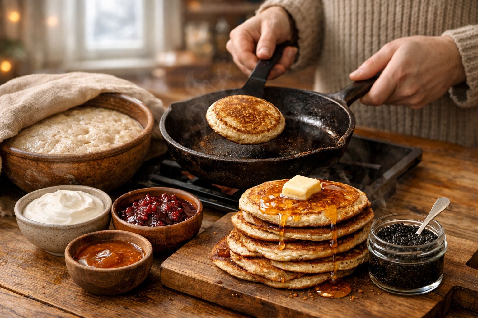 Pessoa a cozinhar panquecas numa frigideira, com taças de aveia, natas e compota ao lado.