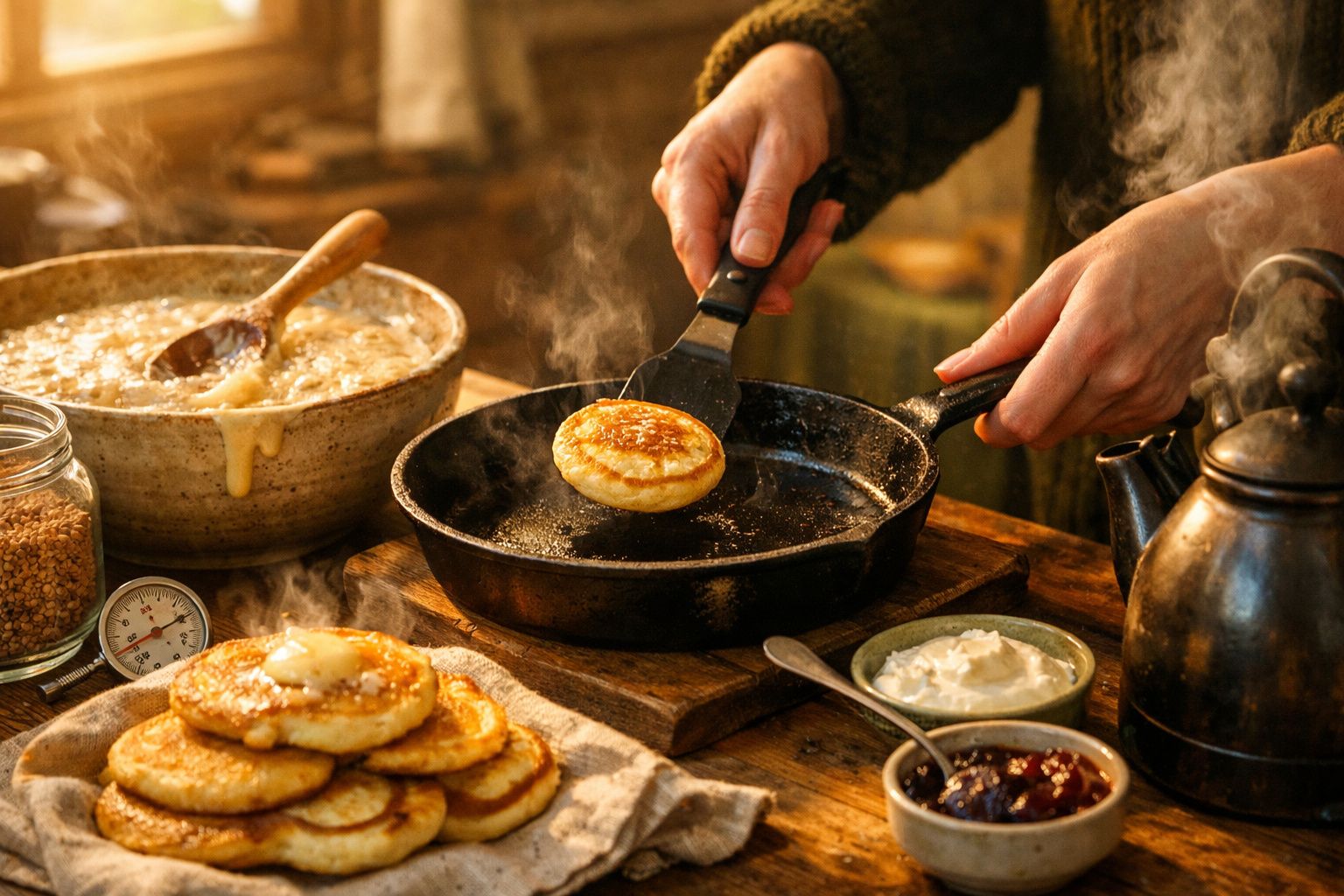 Pessoa a cozinhar panquecas douradas numa frigideira com vapor, acompanhadas de natas e compota na mesa.