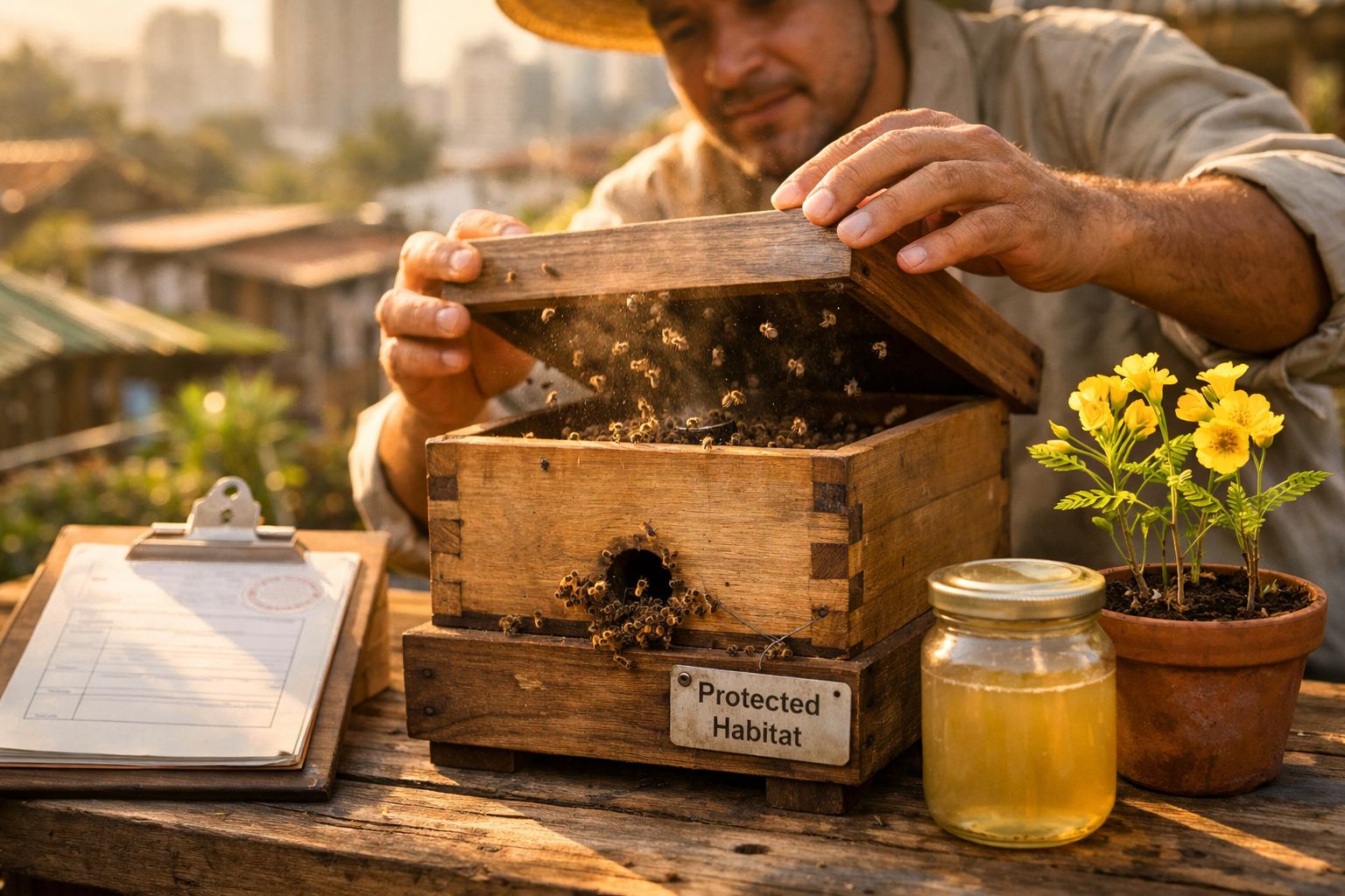 Homem abre caixa de abelhas num habitat protegido, com flores e um frasco de mel ao lado.