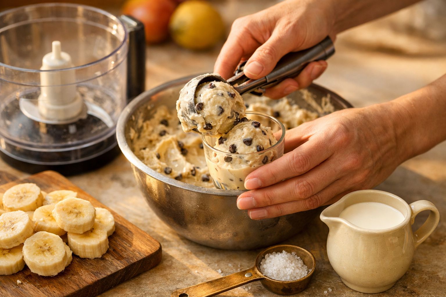Mãos colocando massa de biscoito com pepitas de chocolate num copo. Fatias de banana ao lado numa tábua de madeira.