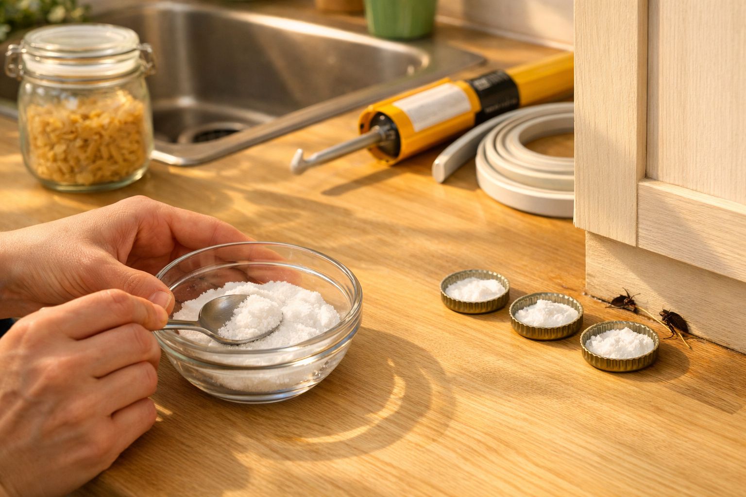 Pessoa prepara mistura para repelir baratas numa cozinha.