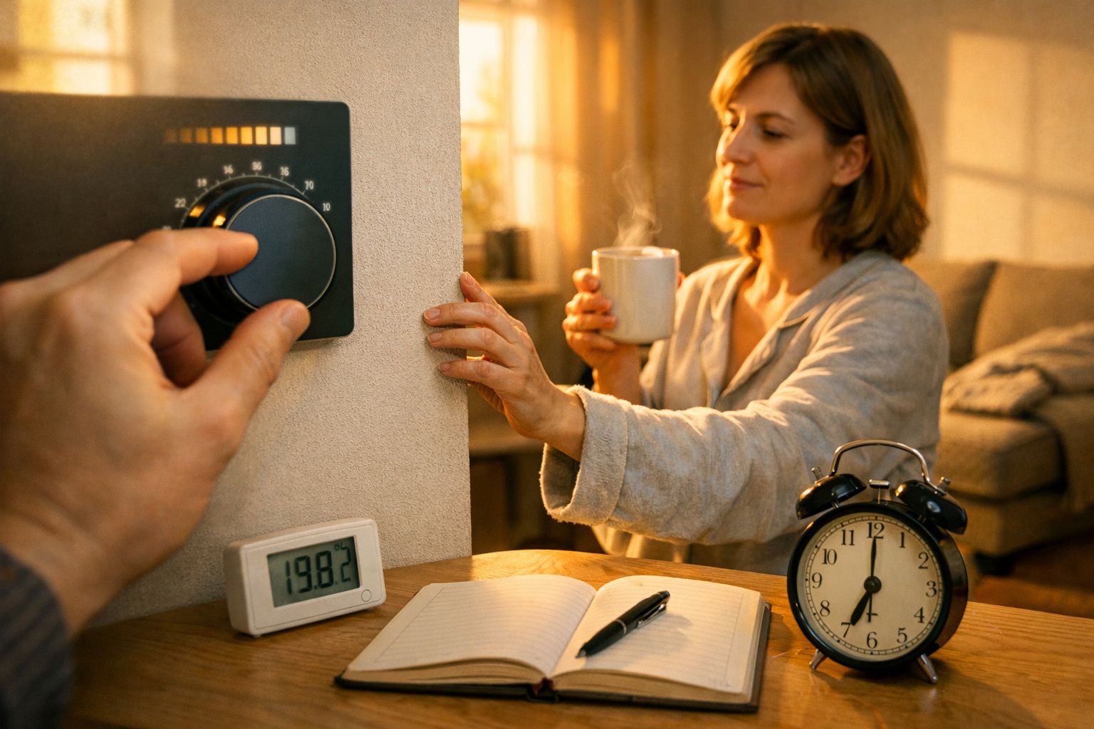 Pessoa ajusta termóstato enquanto outra bebe chá ao lado de um relógio e um caderno.