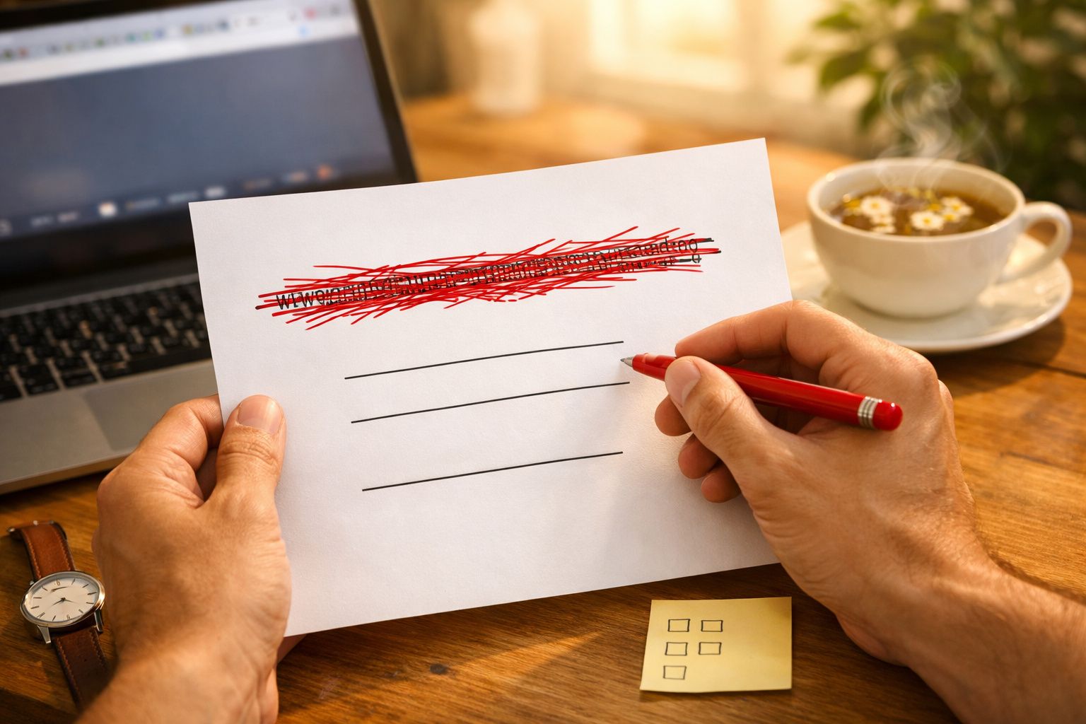 Pessoa risca texto com caneta vermelha numa folha de papel. Mesa com chávena de café ao fundo.