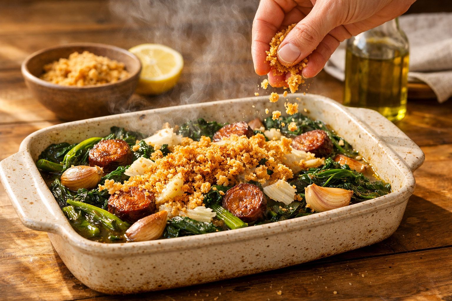 Mão adicionando pão ralado sobre um prato de bacalhau com espinafres, chouriço e cebolas numa travessa de cerâmica.