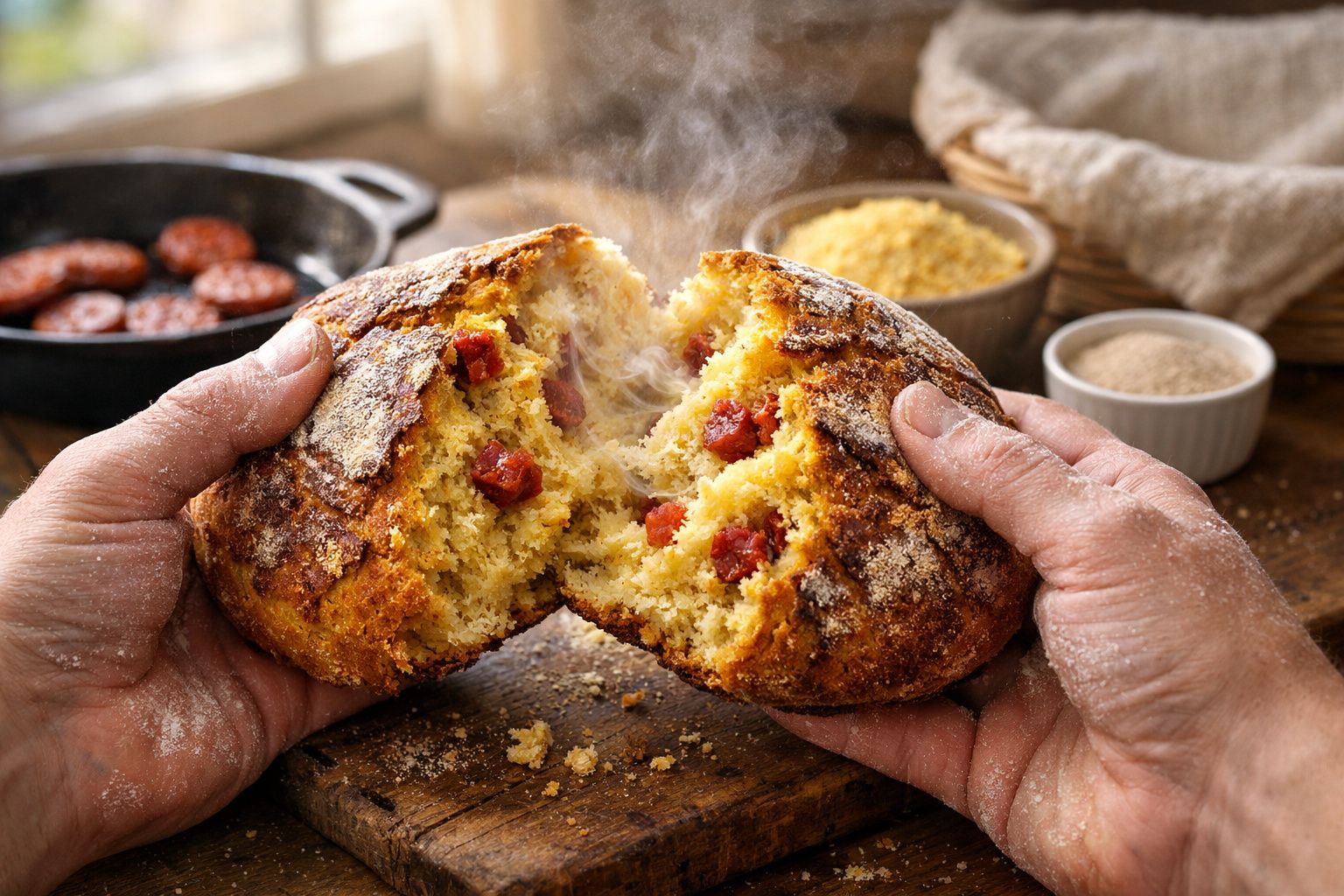 Pão rústico caseiro com chouriço a ser partido, mostrando o interior fumegante; ingredientes ao fundo.