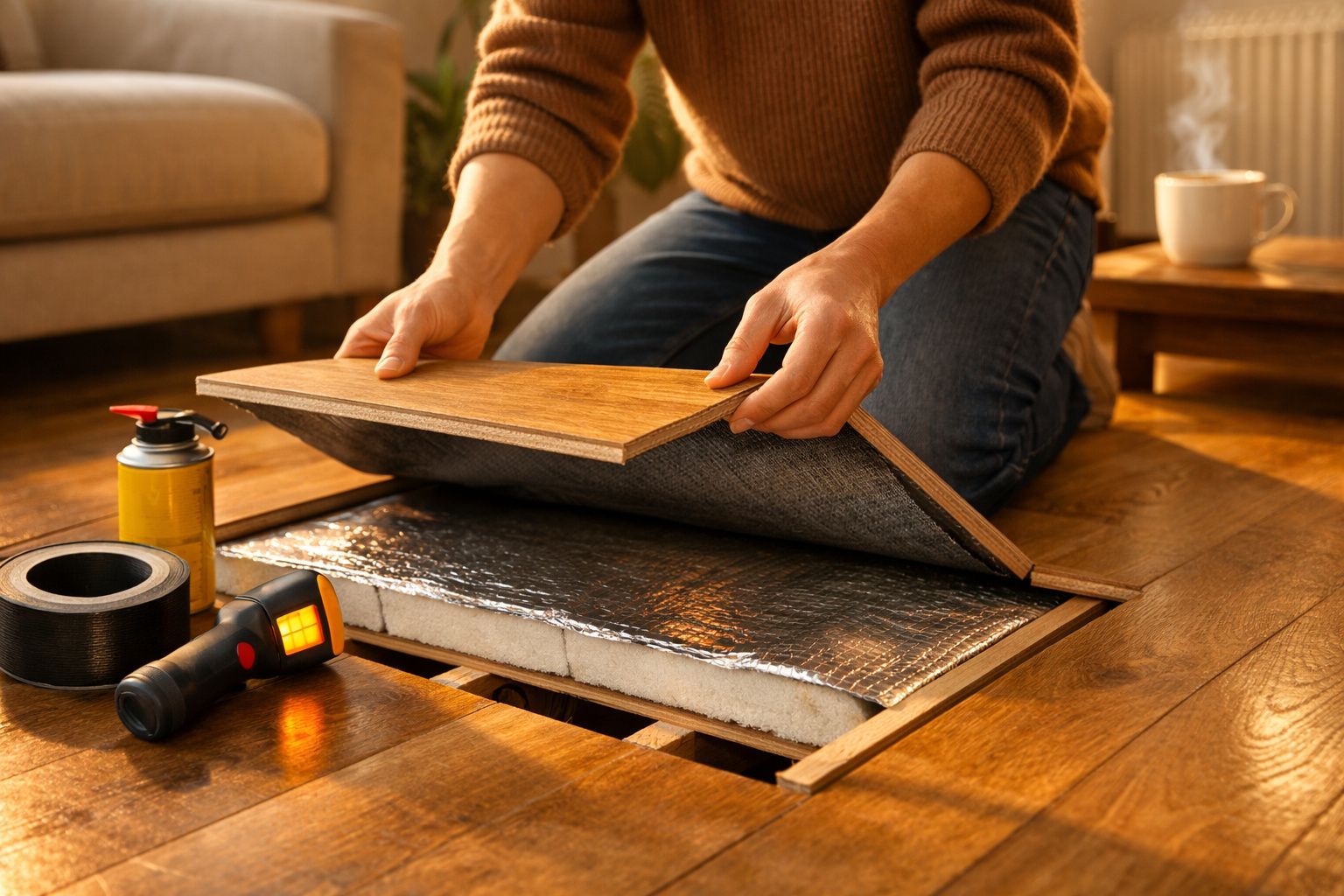 Pessoa instala piso aquecido com isolamento térmico. Ferramentas e chá estão ao lado.