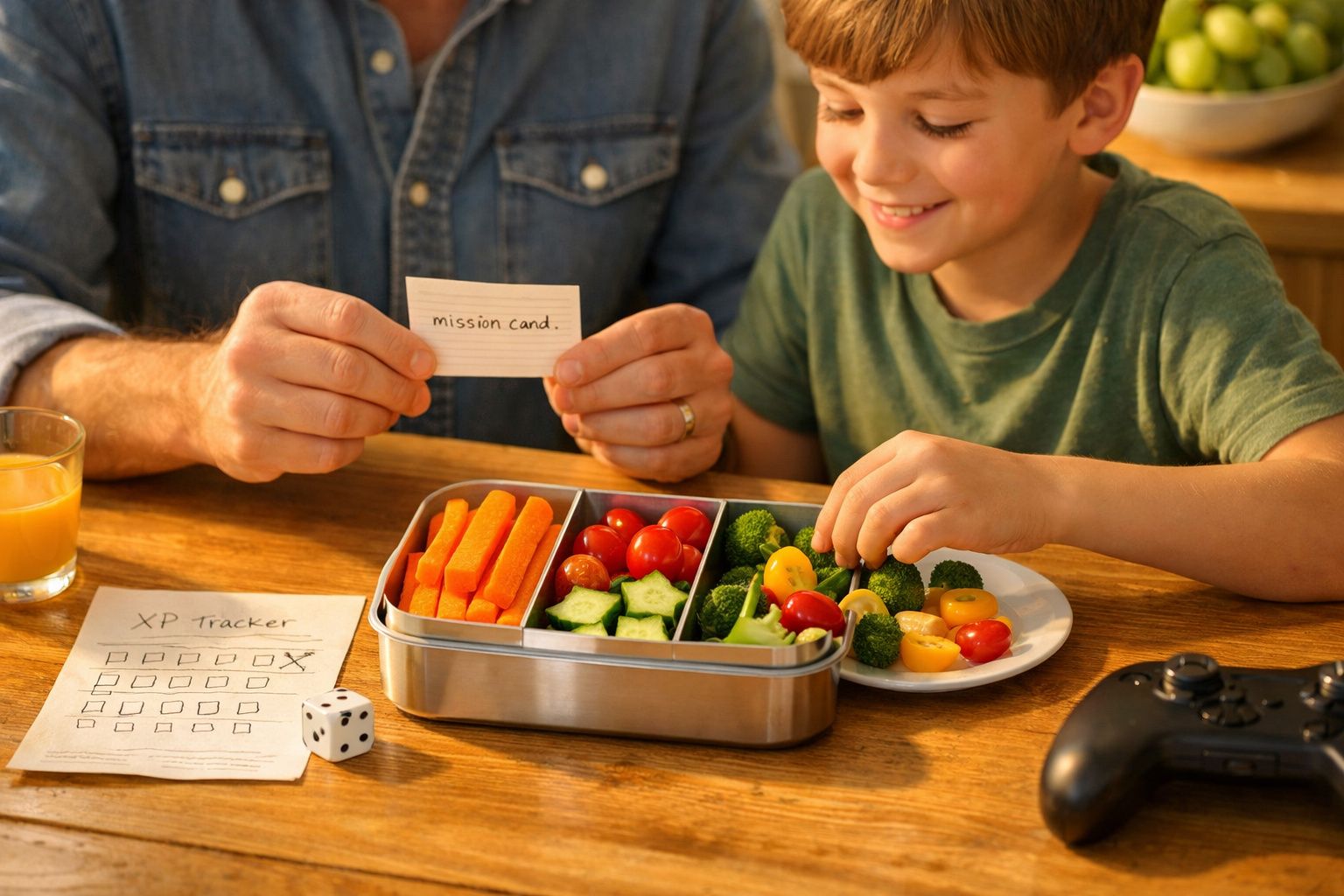 Criança a sorrir, a escolher vegetais de uma lancheira. Adulto segura cartão. Há dados e um comando na mesa.