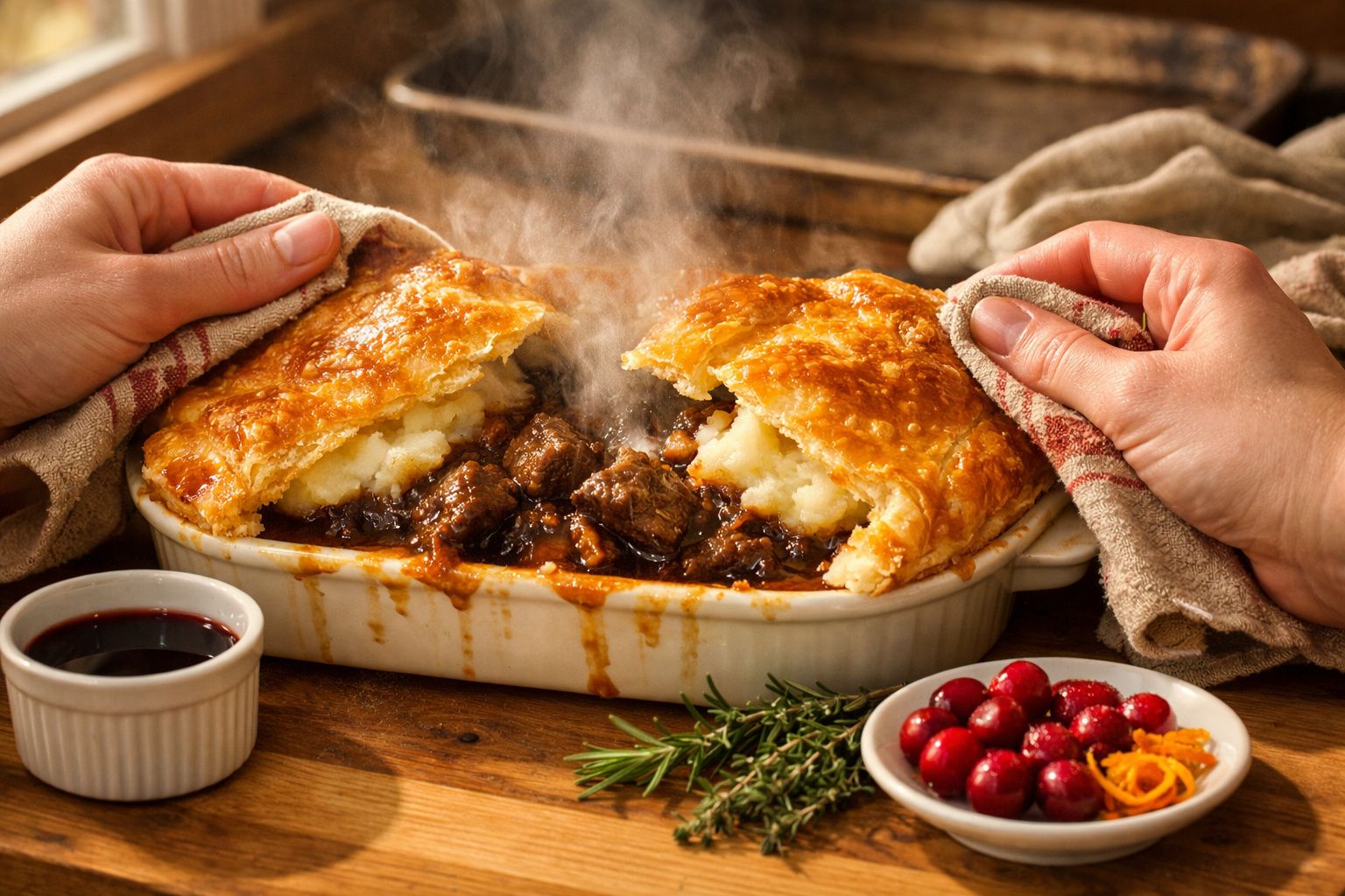 Torta folhada de carne com puré de batata quente, rodeada de alecrim, arandos vermelhos e uma taça de molho.