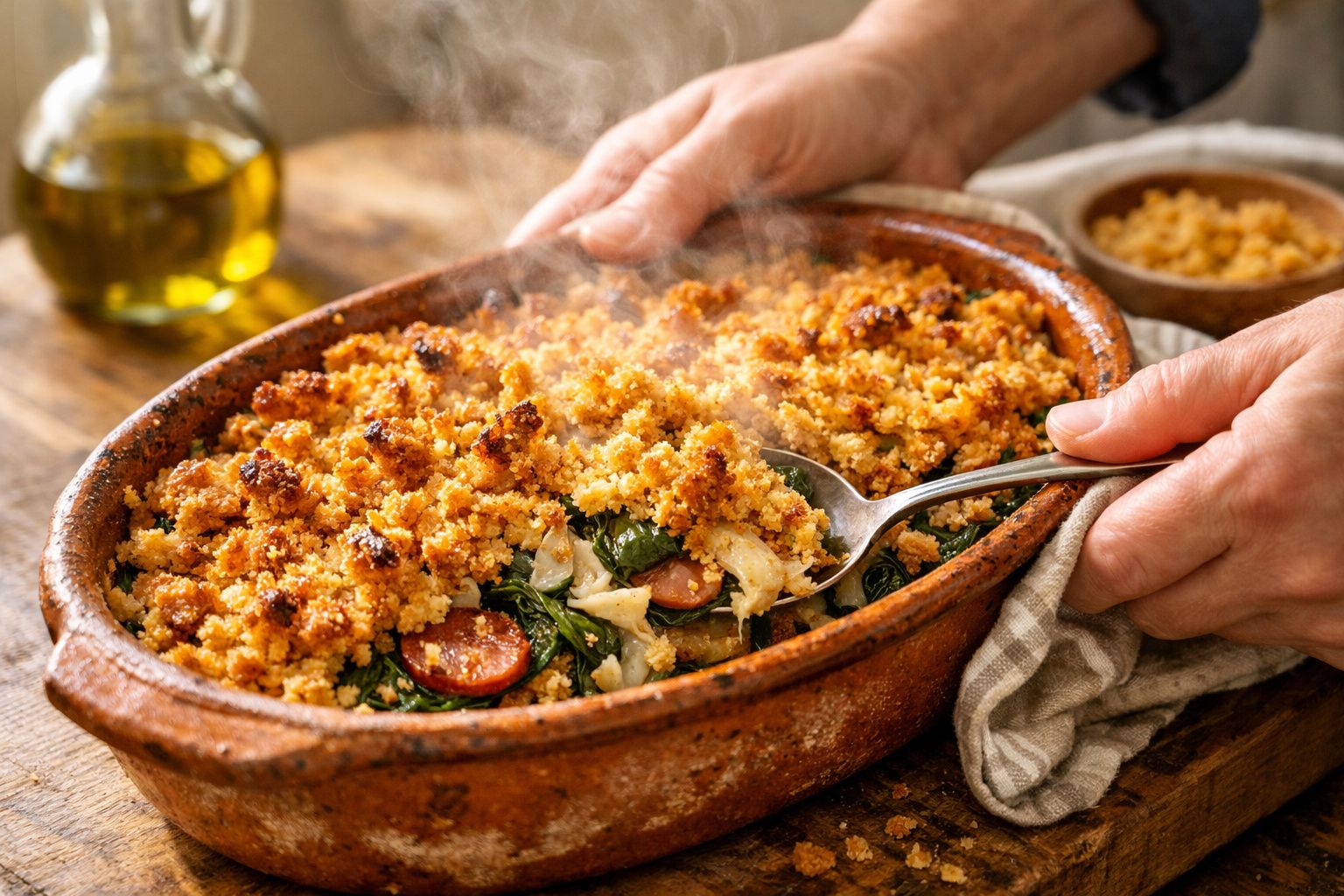 Prato de bacalhau com broa, chouriço e espinafres servido fumegante numa travessa de barro.