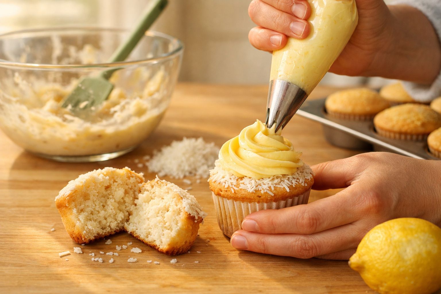 Mãos a decorar cupcake com cobertura amarela ao lado de bolo partido. Ingredientes e limão sobre a mesa.