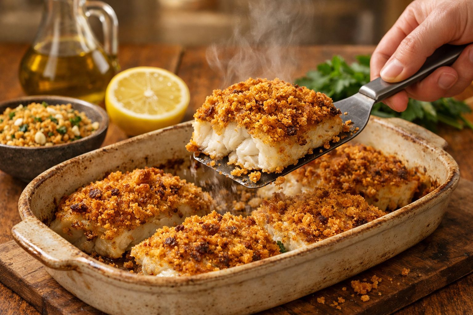 Filetes de peixe com crosta dourada numa travessa, perto de limão, azeite e salsa.
