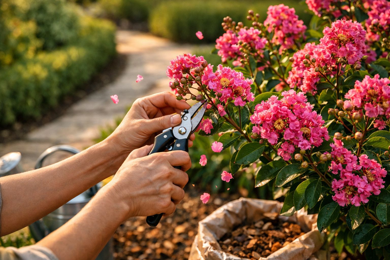 Mãos a podar flores rosa com uma tesoura de jardim num jardim ensolarado.