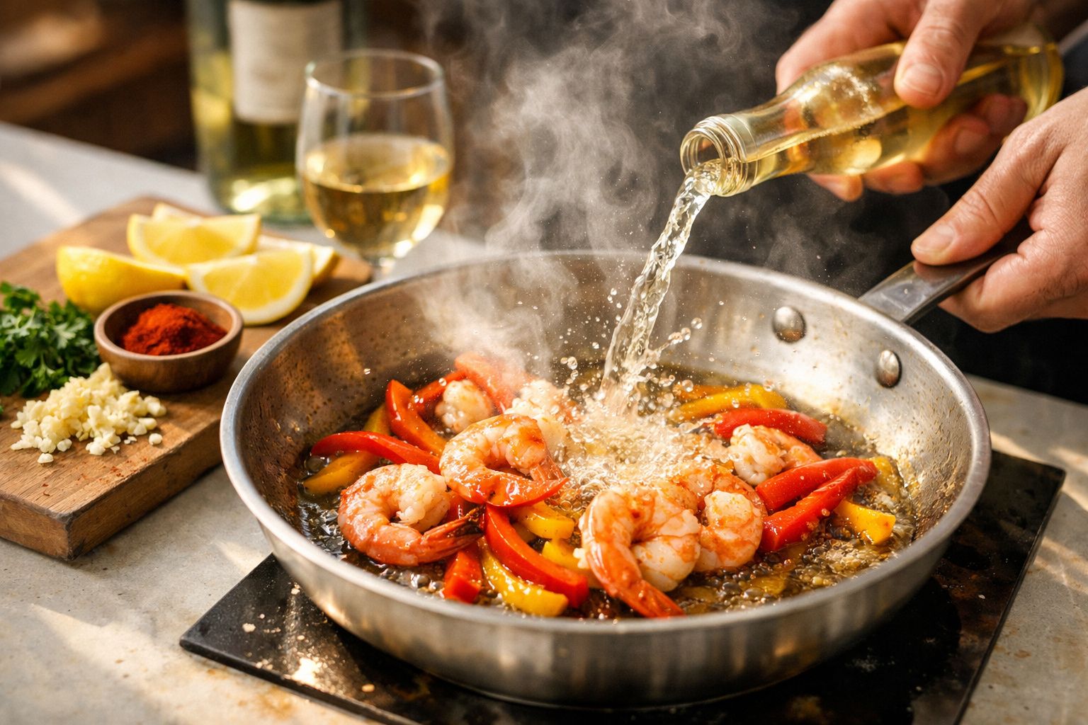 Camarões e pimentos a saltear com vinho num tacho; ao fundo, limões, alho e salsa picada sobre tábua de madeira.