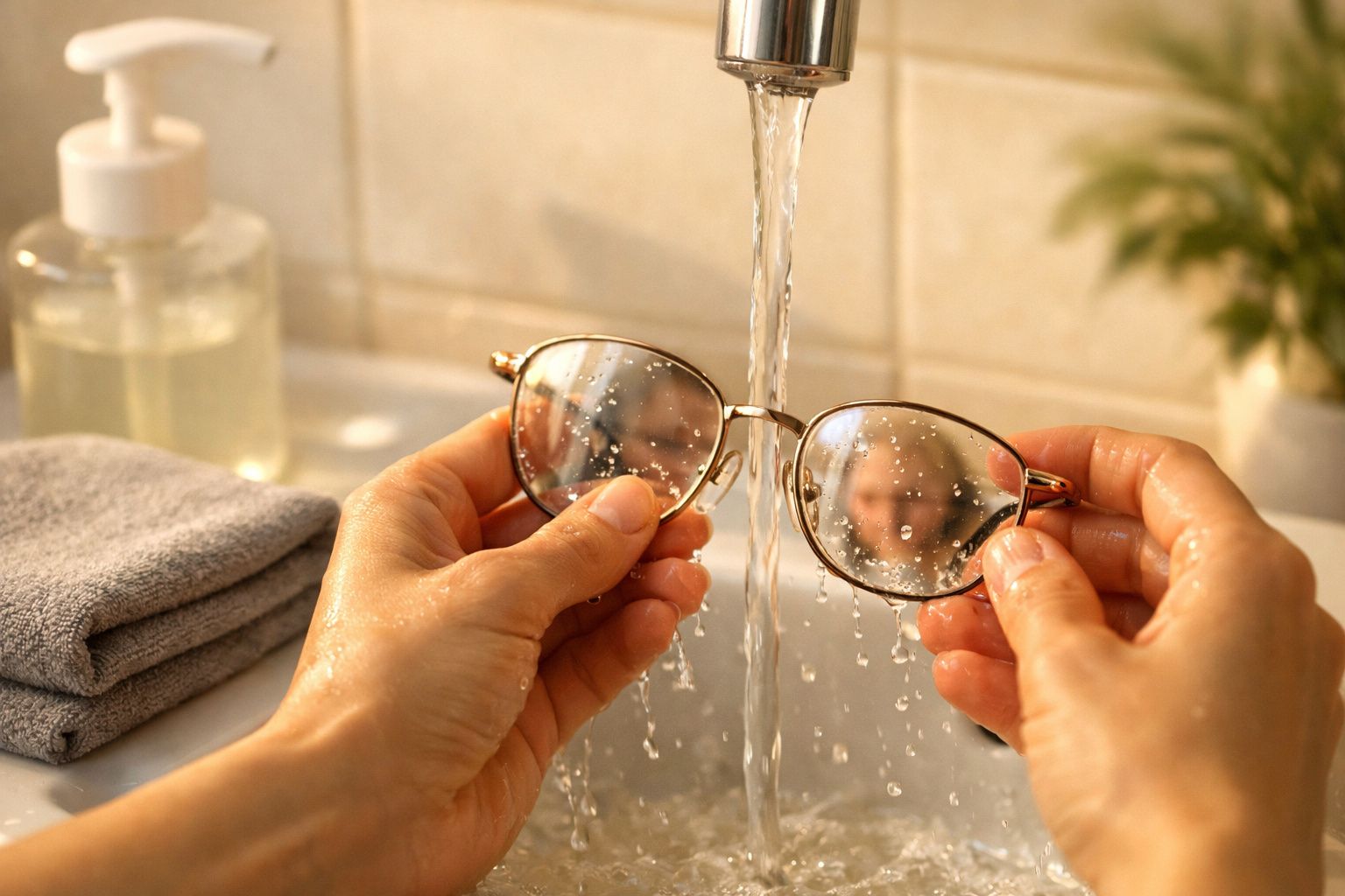 Mãos segurando óculos sob água corrente, com lavatório e toalha cinza ao fundo.