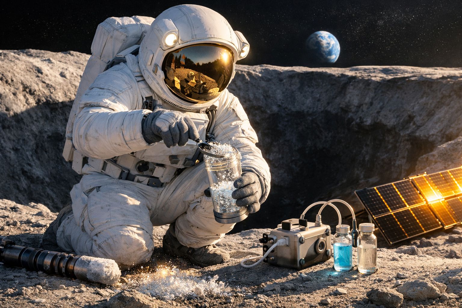 Astronauta a colher amostras no solo lunar, com Terra ao fundo e equipamento científico ao lado.
