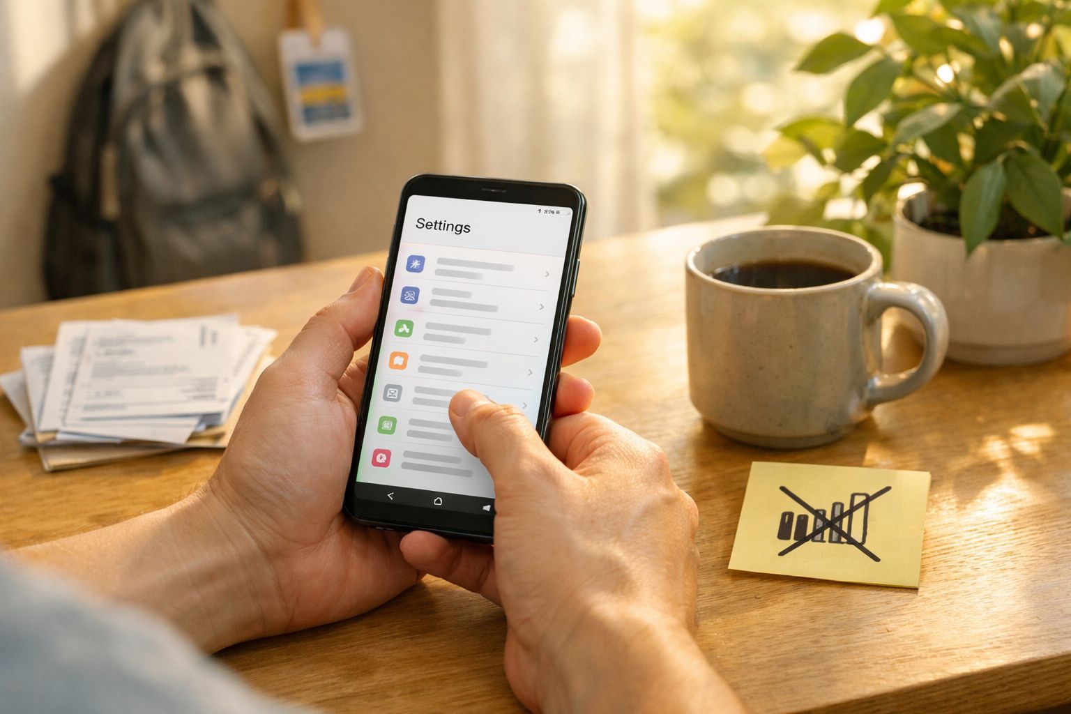 Pessoa segurando telemóvel com ecrã de configurações, chávena de café e notas ao fundo sobre a mesa.
