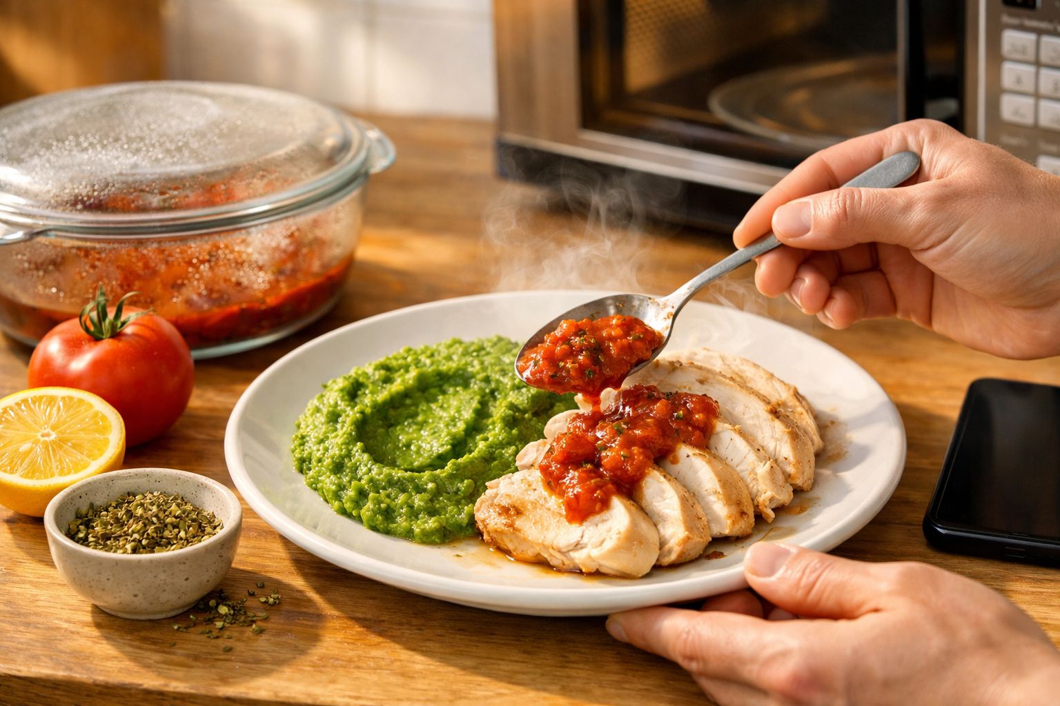 Prato de frango fatiado com molho de tomate e puré de brócolos, decorado com ervas, ao lado de limão e tomate.