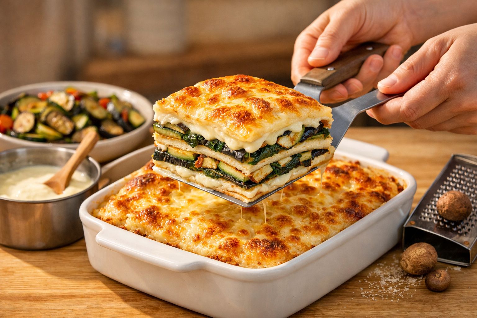 Pessoa a servir uma fatia de lasanha gratinada num tabuleiro, com courgettes e molho branco ao fundo.