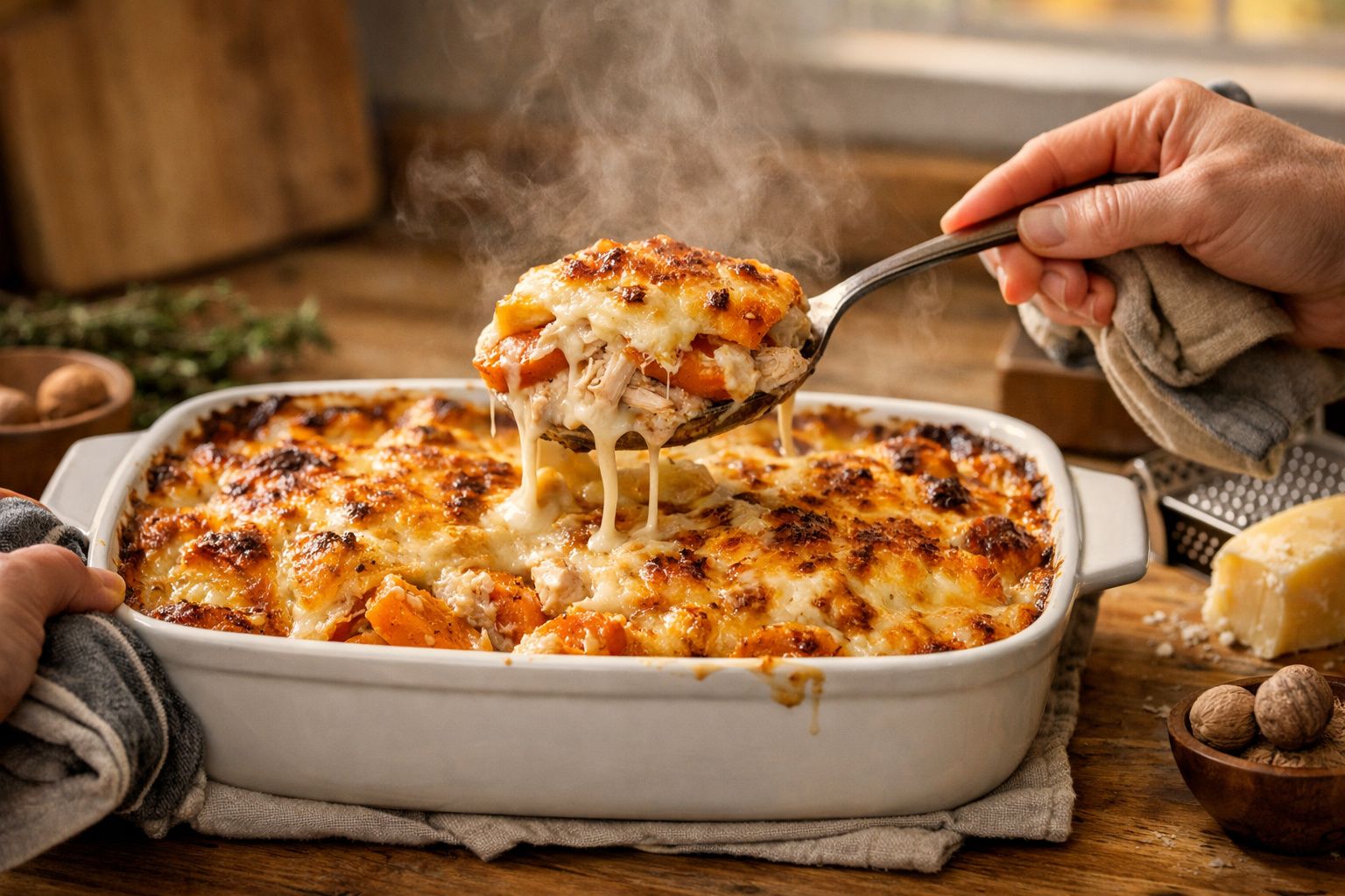 Mão servindo uma porção de gratinado de legumes e queijo derretido em tabuleiro branco sobre mesa de madeira.