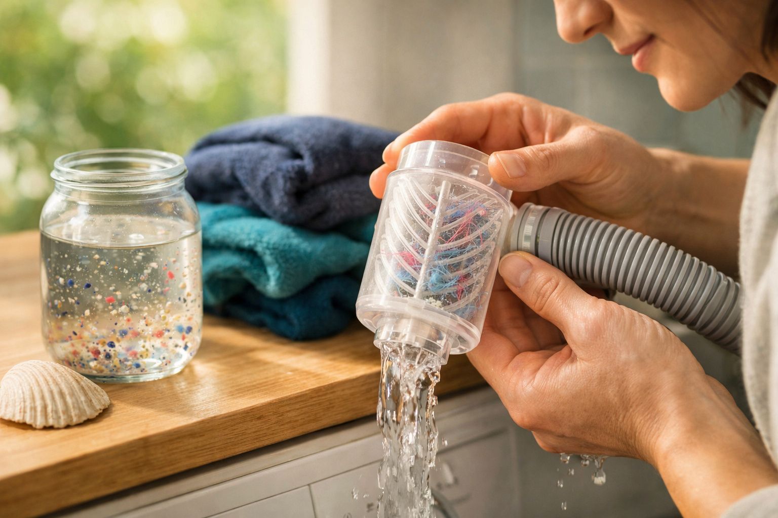 Pessoa esvazia filtro de máquina de lavar, com água e fibras coloridas, ao lado de frasco de vidro e toalhas empilhadas.