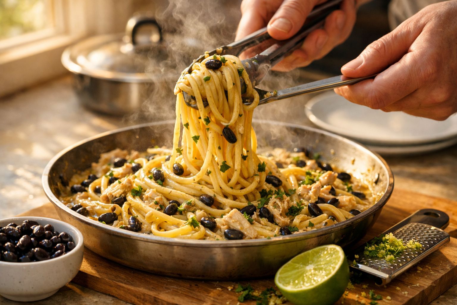 Mãos servindo esparguete com azeitonas e salsa numa frigideira perto de uma janela ensolarada.