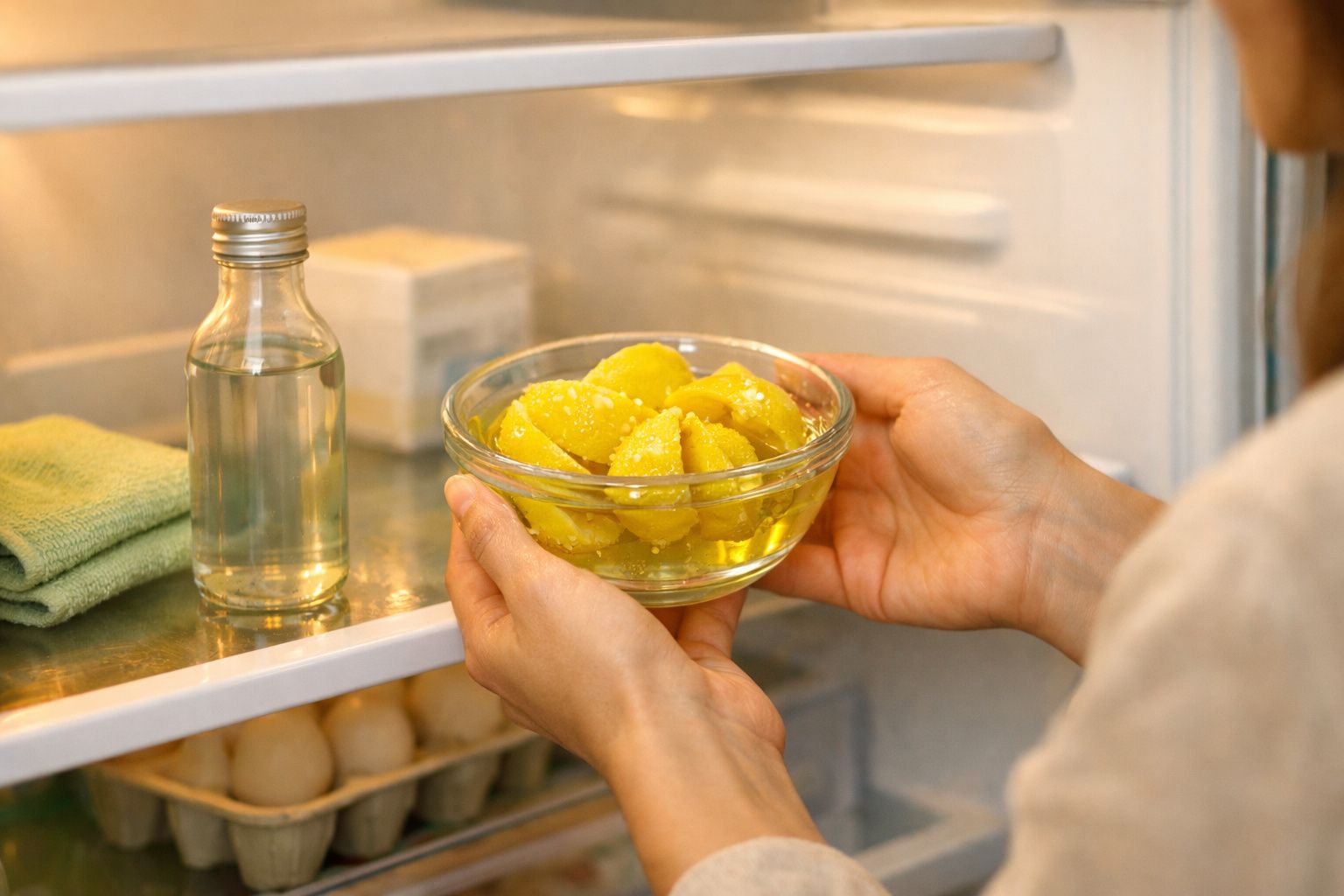 Mãos seguram tigela com frutas amarelas dentro de frigorífico, ao lado de garrafa de vidro e pano verde.