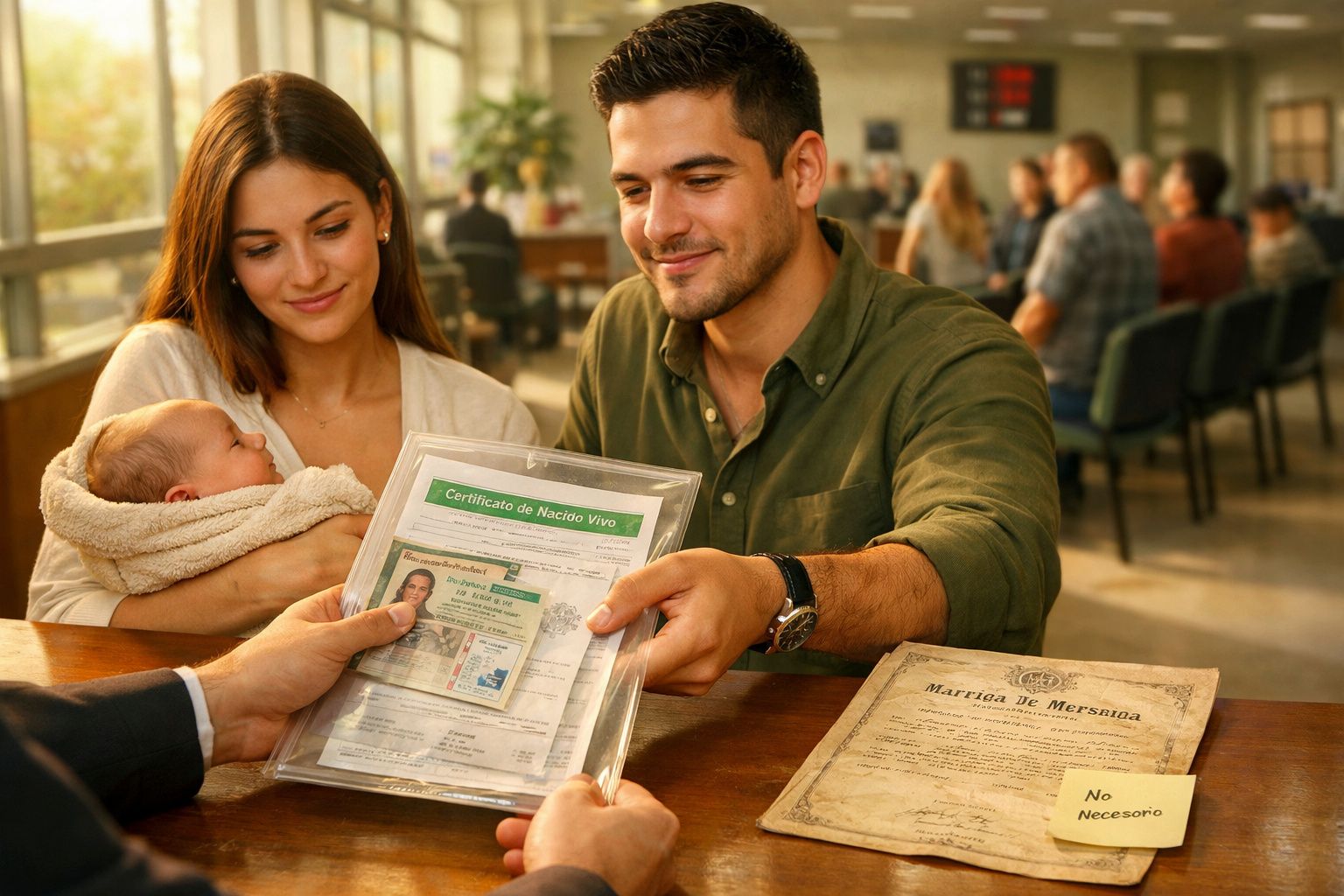 Casal sentado num balcão do registo civil segurando um bebé e a entregar documentos a um funcionário.