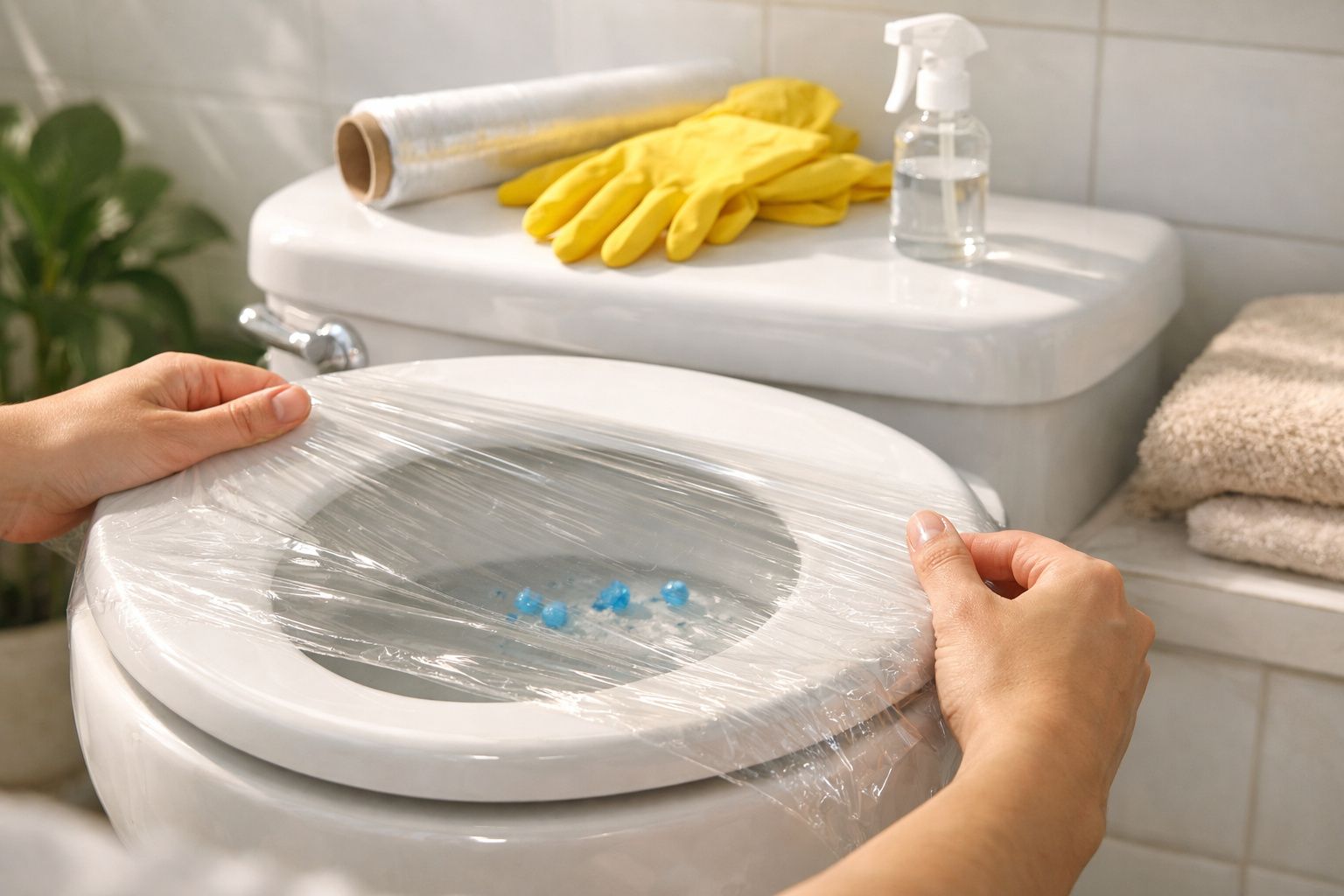 Mãos colocando película aderente na sanita, com luvas e produto de limpeza ao fundo.