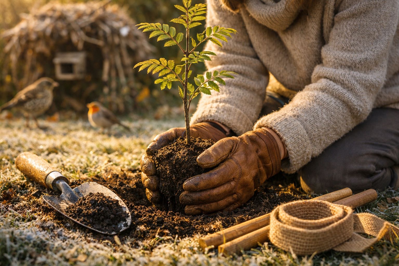 Pessoa de luvas planta muda de árvore em solo coberto de geada, com pá e um pássaro ao fundo.