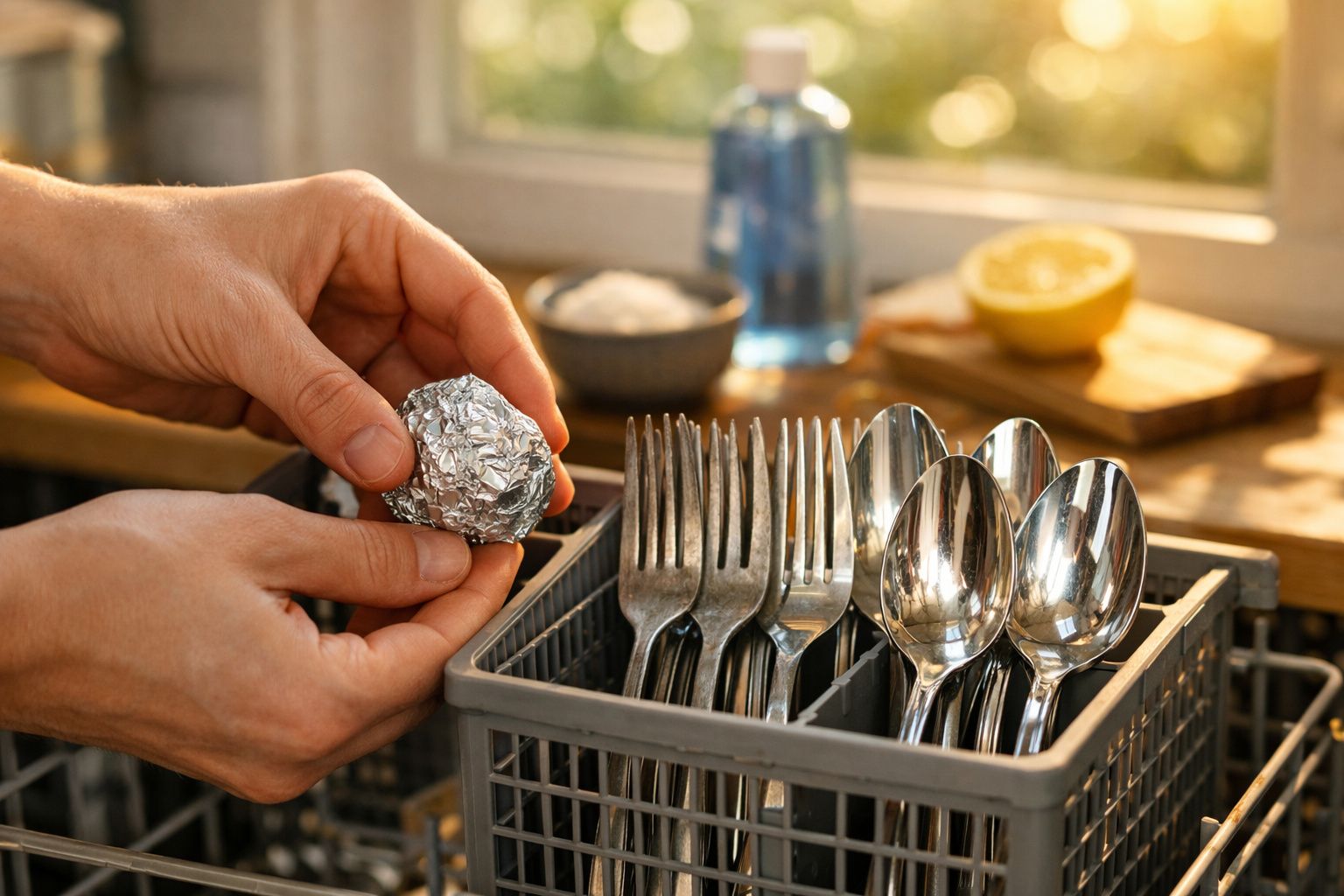 Mãos segurando bola de folha de alumínio perto de talheres numa máquina de lavar loiça.
