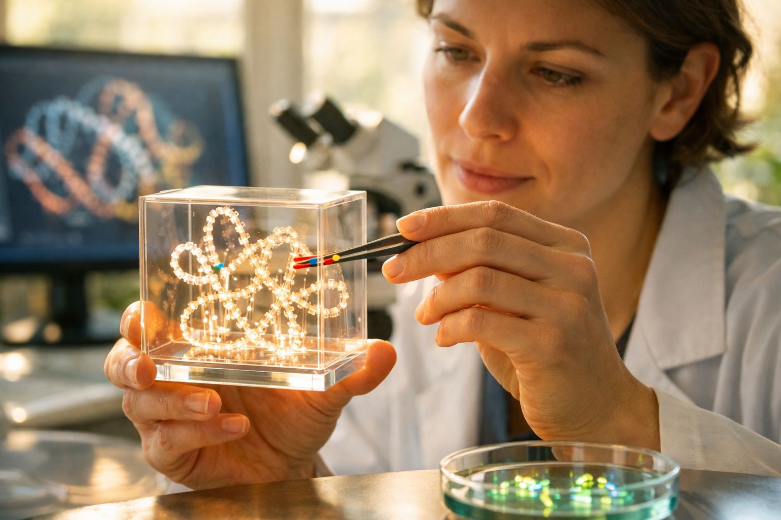 Cientista examina modelo de DNA em cubo transparente com pinça, microscópio ao fundo.