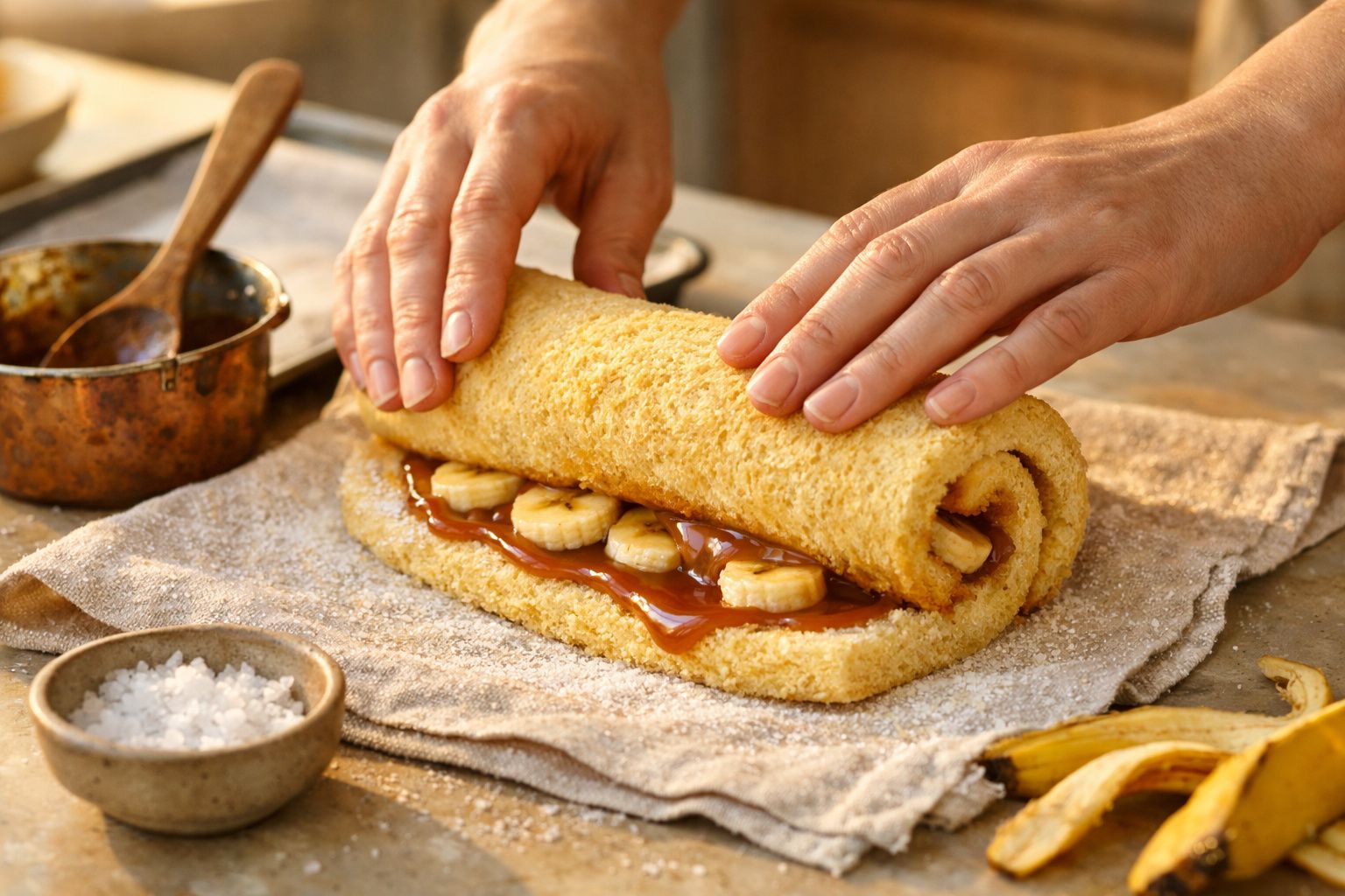 Mãos enrolando torta de banana e doce de leite sobre pano polvilhado com açúcar.