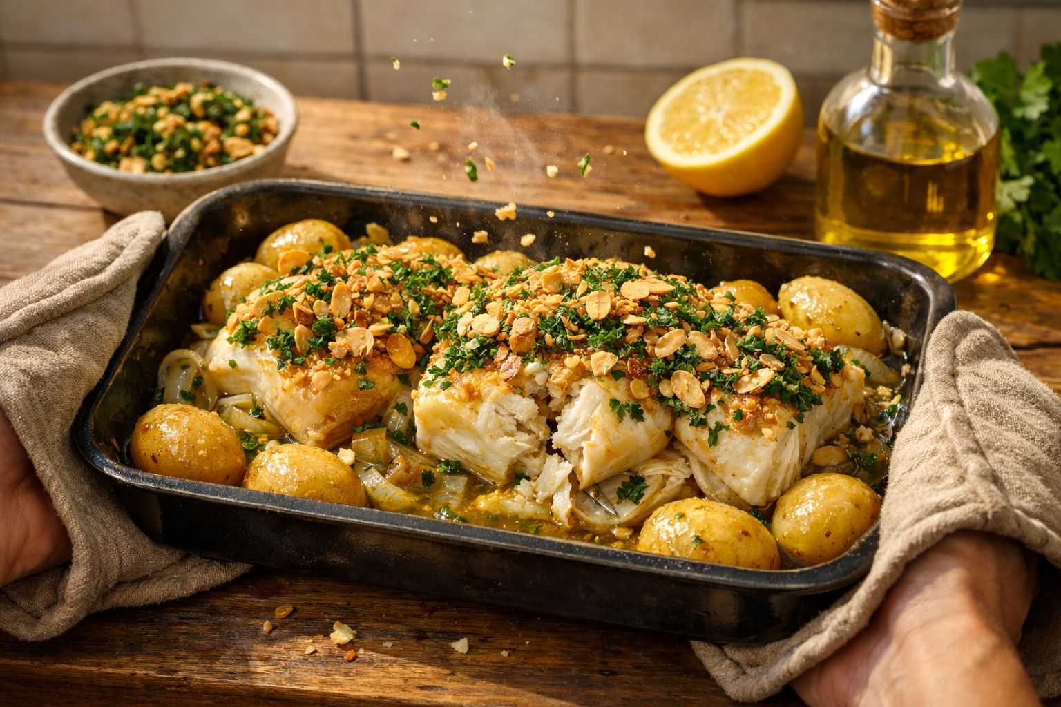 Bacalhau assado com batatas e crosta de amêndoas e salsa num tabuleiro, sobre uma mesa de madeira, com limão e azeite ao lado