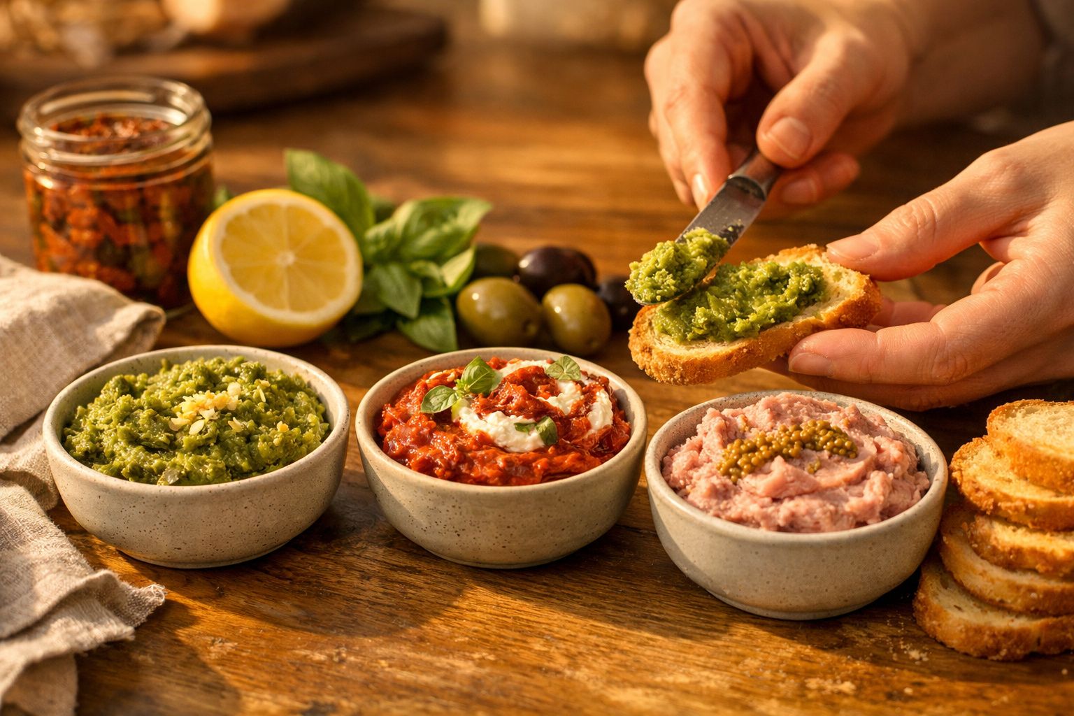 Mãos a barrar pesto em pão com três tigelas de patês variados e ingredientes frescos ao fundo sobre mesa de madeira.