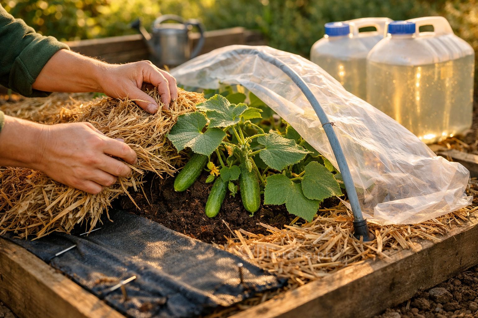 Mãos cuidam de plantas de pepino sob plástico num canteiro com palha, ao ar livre.