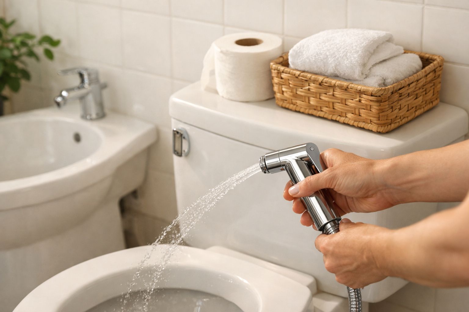 Pessoa usando chuveirinho junto à sanita, com toalhas e papel higiénico ao fundo.