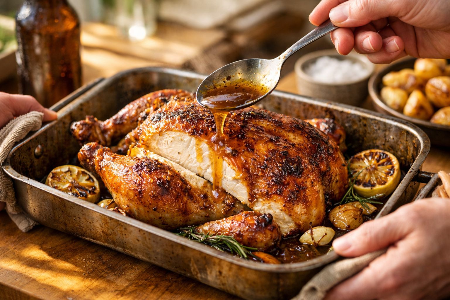 Frango assado dourado numa travessa com molho a ser regado sobre ele, rodeado de limões e batatas assadas.