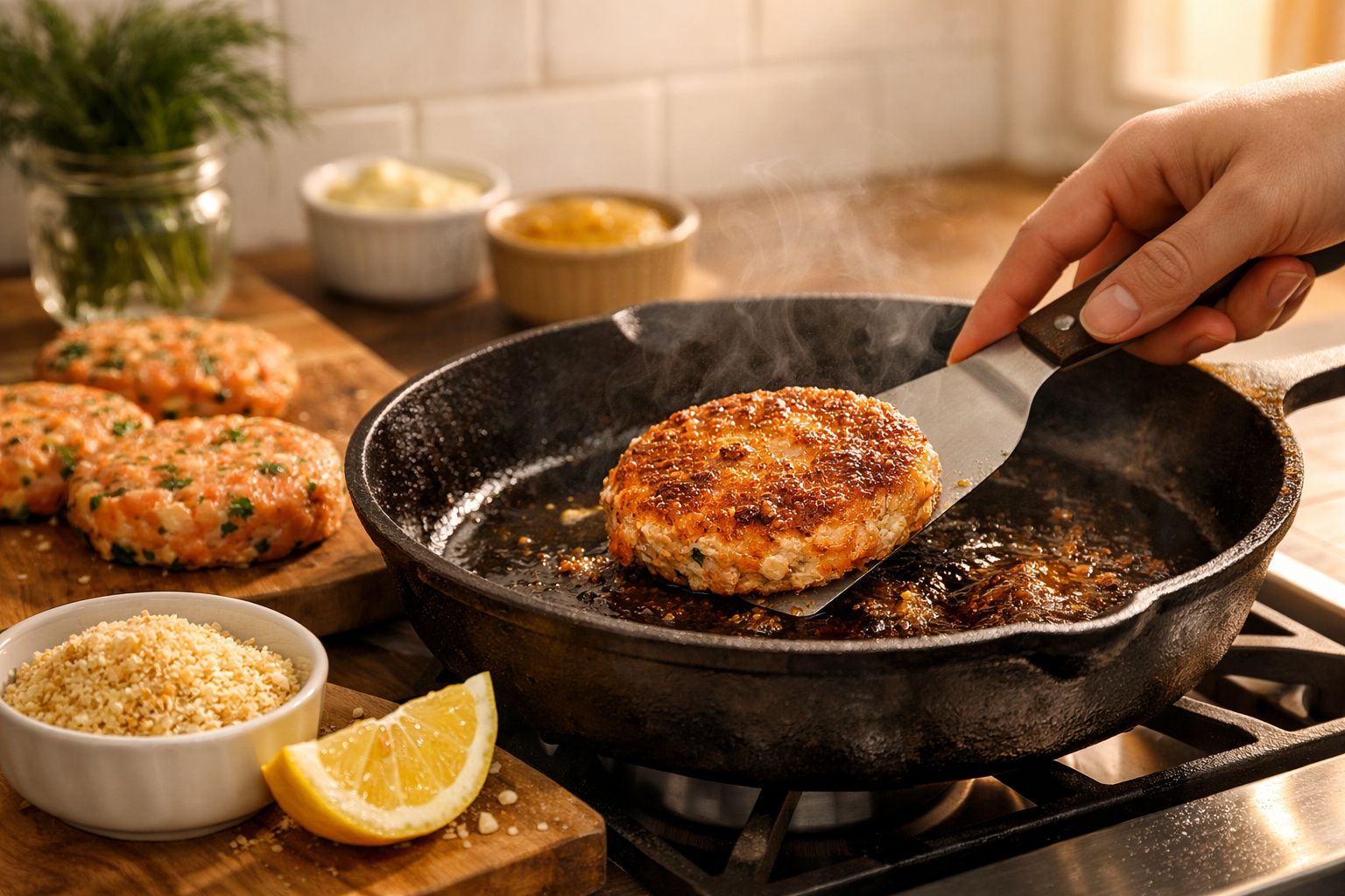 Mão vira hambúrguer de salmão numa frigideira de ferro. Ingredientes ao redor incluem pão ralado e limão.