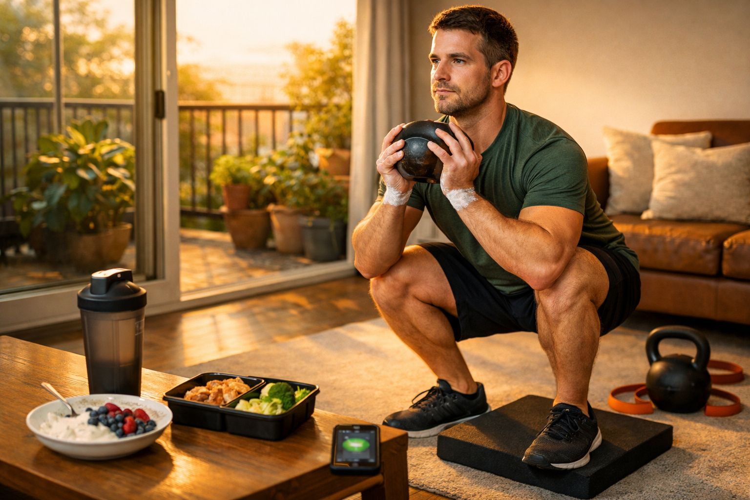 Homem a fazer agachamento com kettlebell em sala, mesa com refeição saudável e smoothie em primeiro plano.