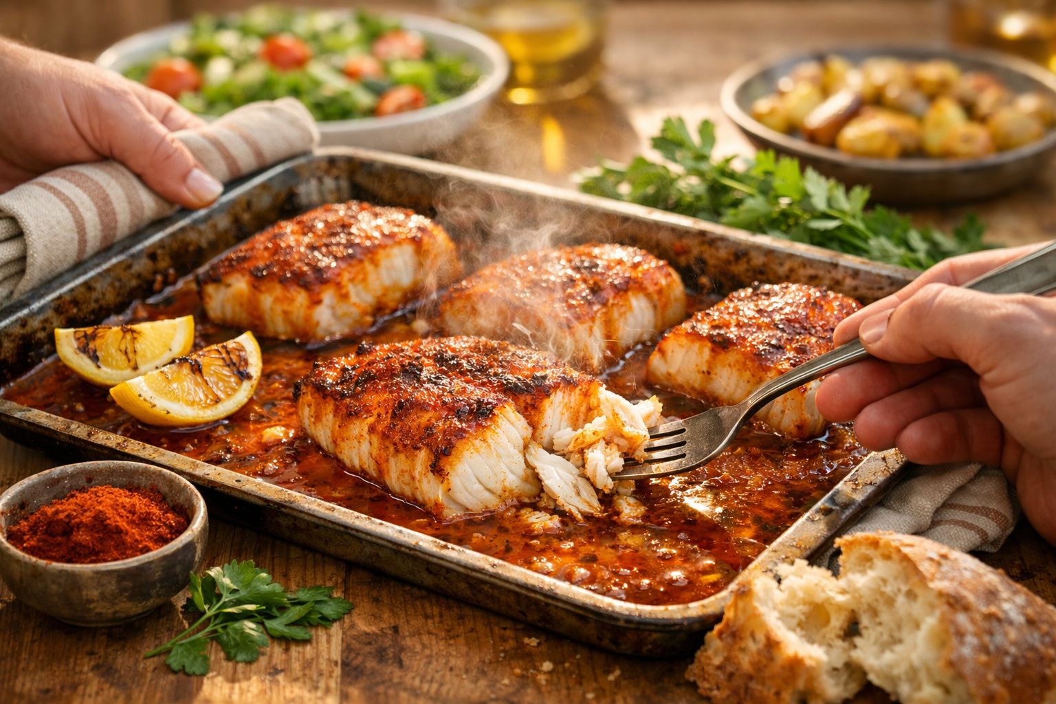 Posta de peixe assada com tempero e limão em tabuleiro, servida com pão e salada ao fundo.
