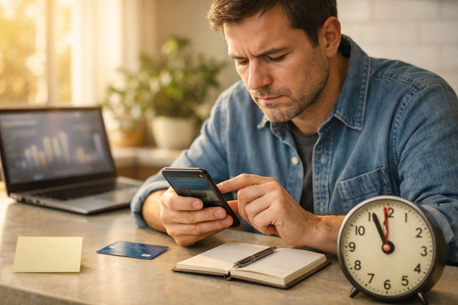 Homem a usar smartphone numa mesa com portátil, cartão de crédito, bloco de notas e despertador.