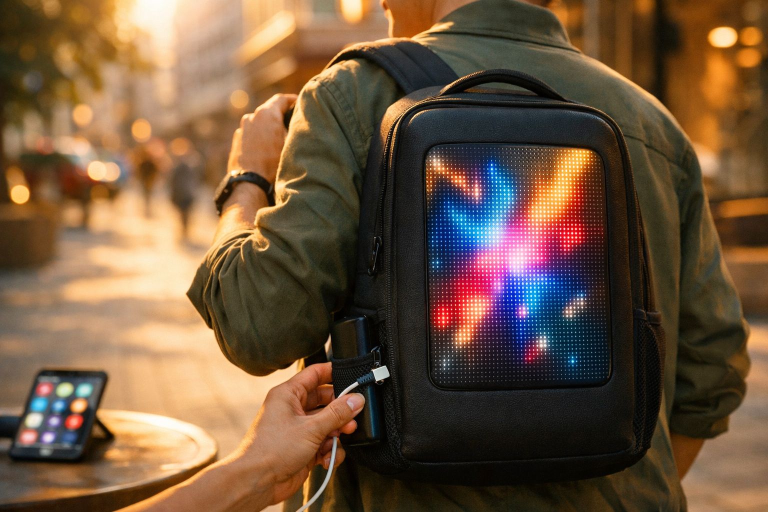 Mochila com ecrã LED colorido nas costas de uma pessoa, enquanto outra conecta um cabo USB numa rua urbana.