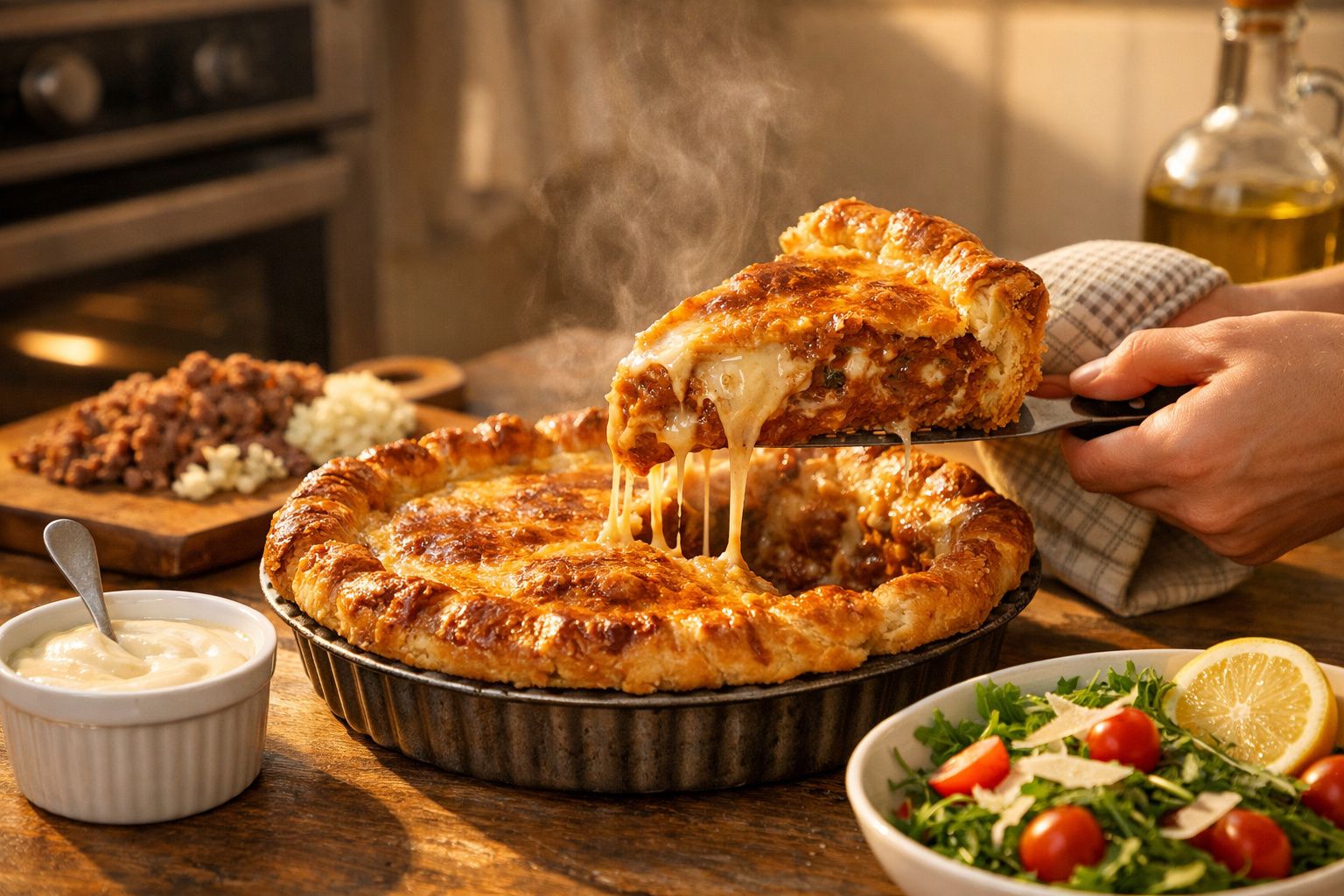 Pessoa serve uma fatia de lasanha com queijo derretido de um prato redondo, ao lado de uma salada e queijo ralado.