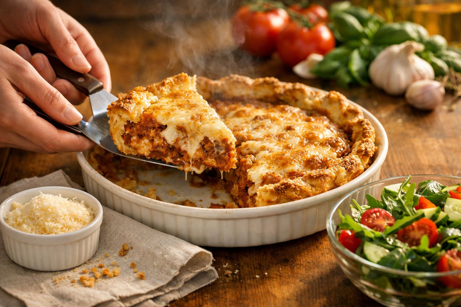 Pessoa a servir uma fatia de lasanha fumegante, com queijo derretido, acompanhada por uma salada colorida.