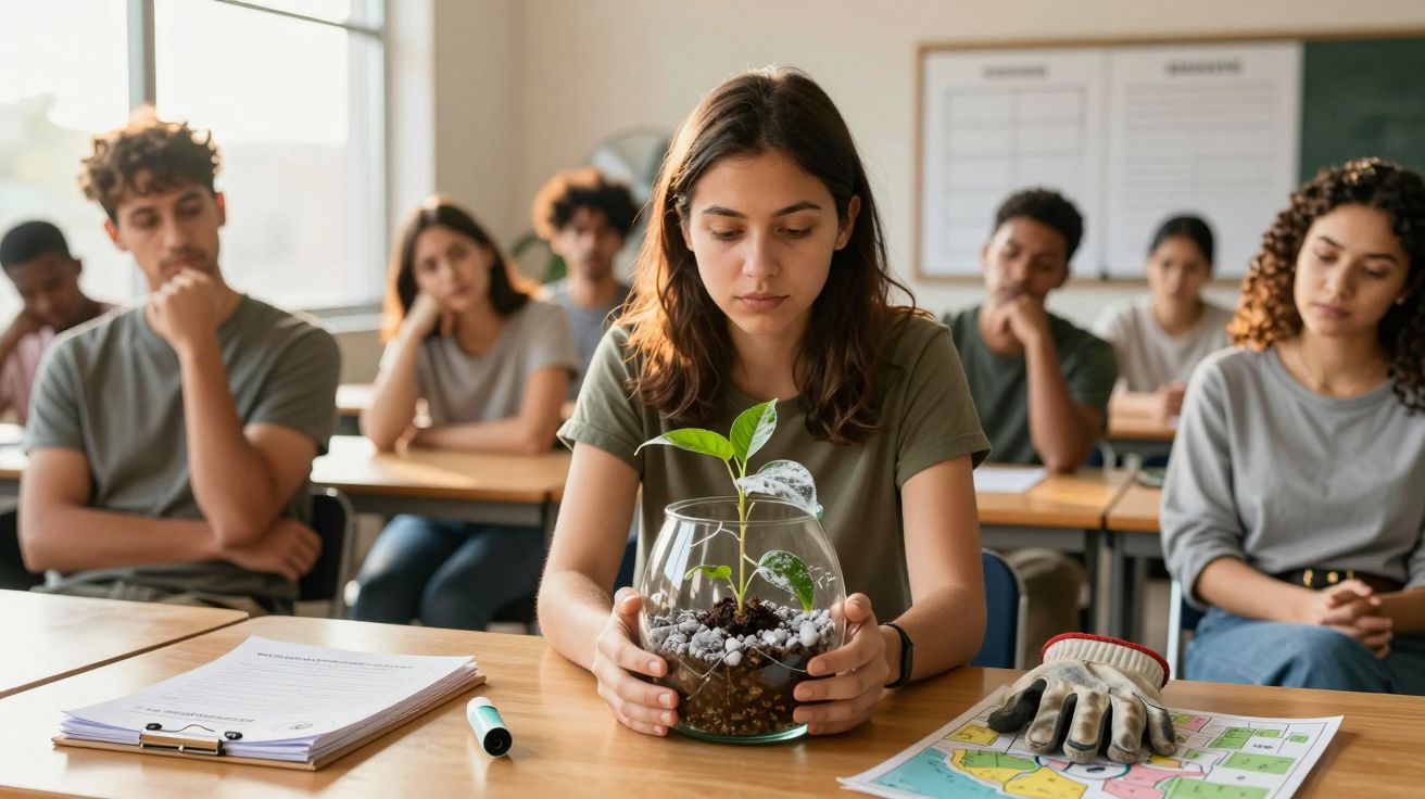Aluna segura vaso com planta em sala de aula, colegas ao fundo.